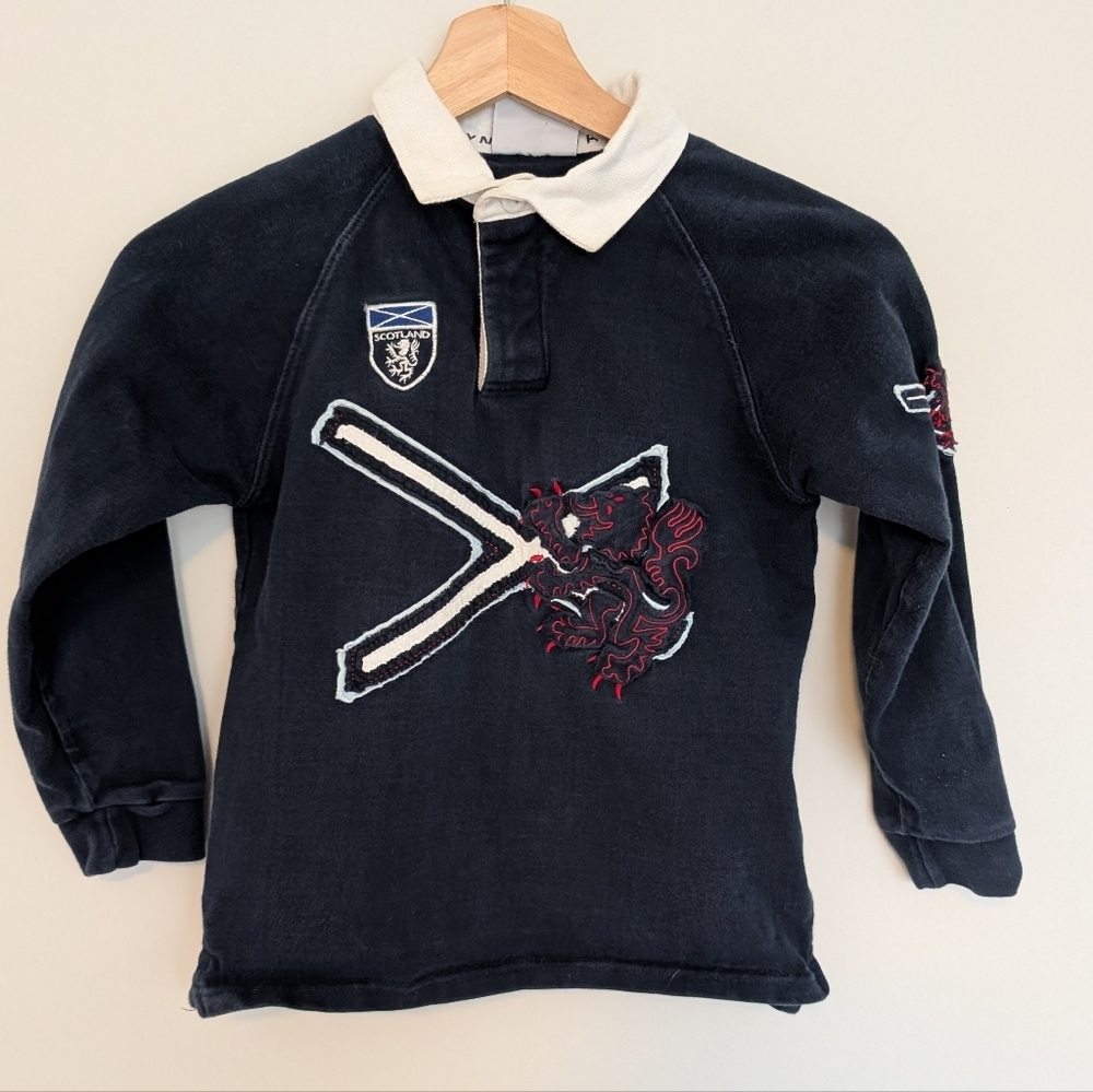 SCOTLAND Sewn Saltire & Lion Rampant Navy Blue Rugby Nations Shirt Boys S/M
